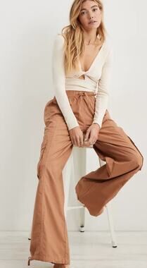 Aerie High Waisted Go-For-It Baggy Cargo Pant Size XL Tan Beach Dune Streetwear